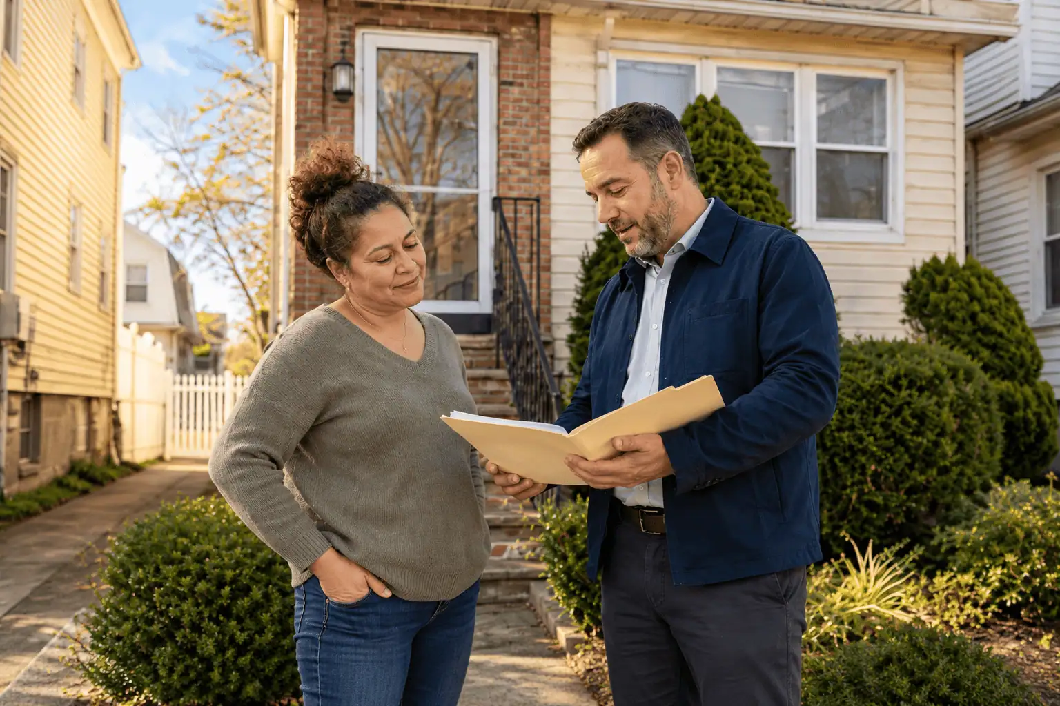 CashForHousez home buyer reviewing property documents with a homeowner outside her house