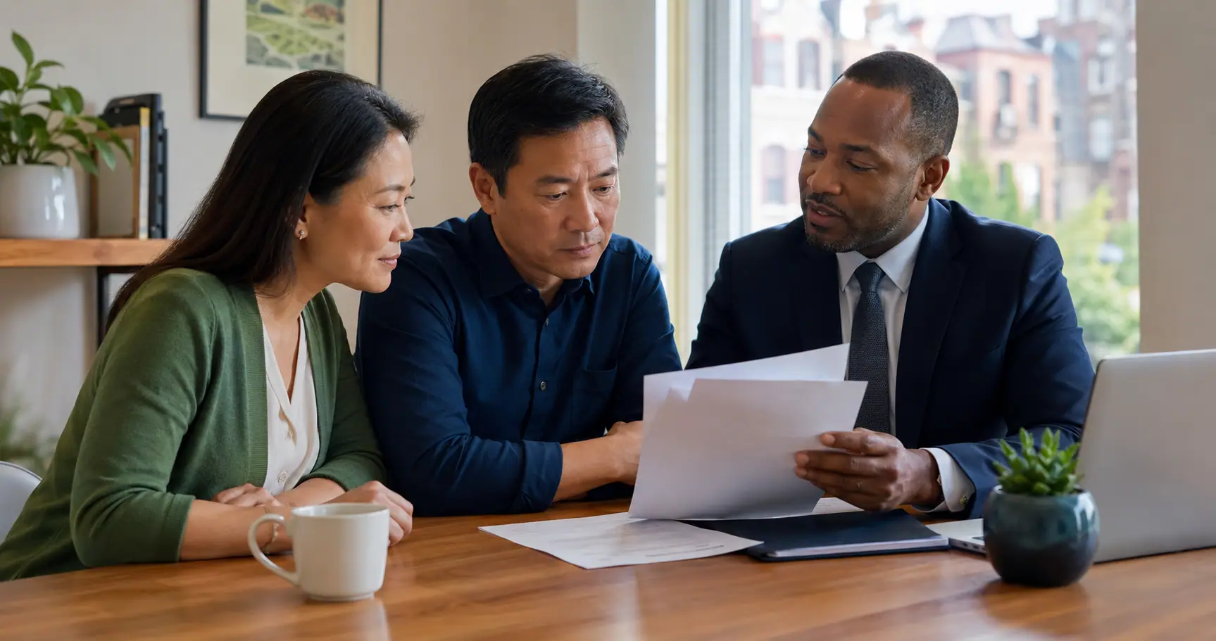 New York homeowners reviewing a home purchase offer and contract with a professional