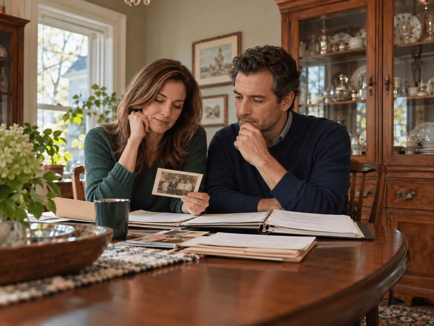Family members reviewing estate documents and photographs in an inherited home
