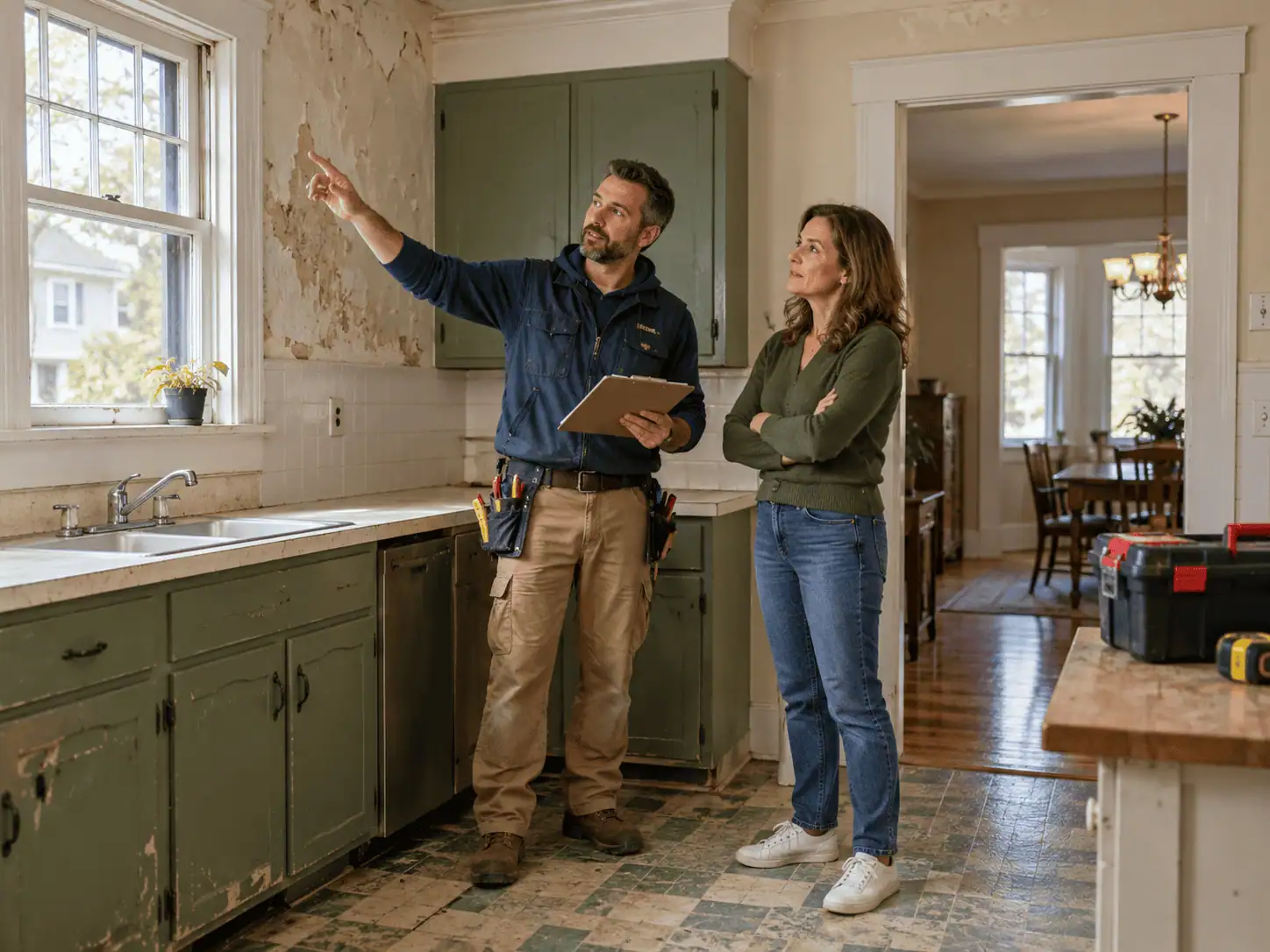 Homeowner and contractor inspecting an older house that needs repairs