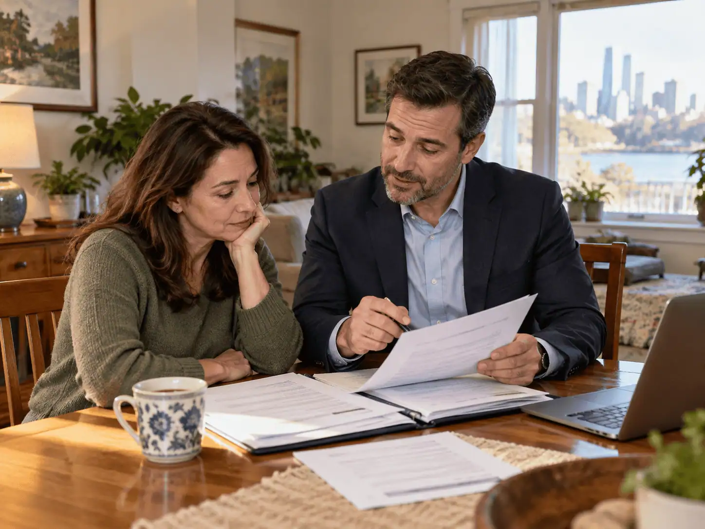 Homeowner reviewing mortgage paperwork with an advisor