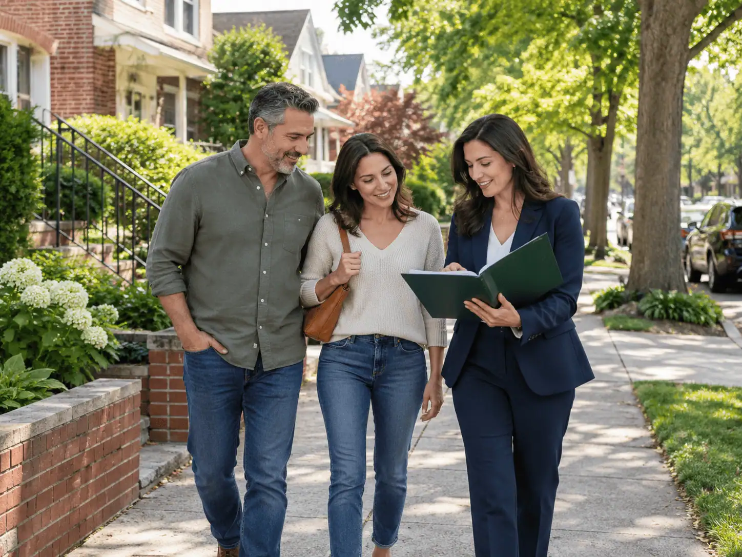 Real estate professional reviewing home-selling information with homeowners on a New York residential street