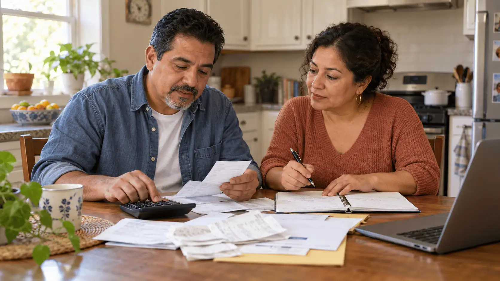 Siblings reviewing property bills and recording shared expenses at a kitchen table