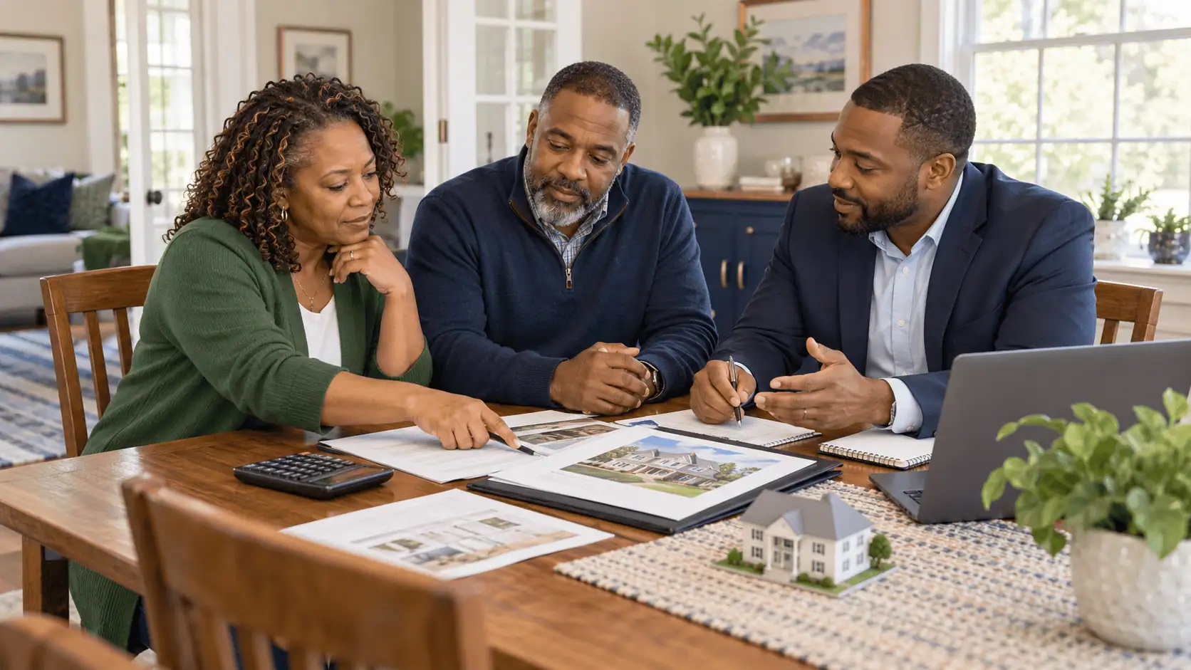 Siblings discussing a home valuation and possible buyout with a professional
