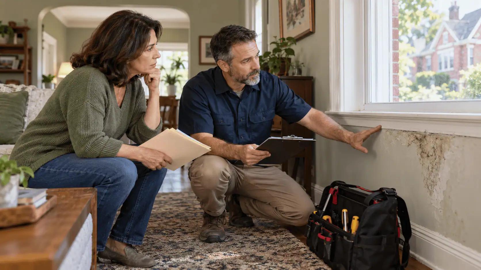 Homeowner and inspector examining moisture damage beneath a window