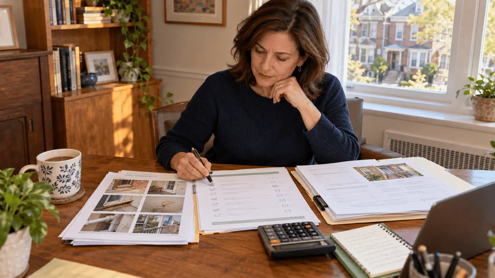 Homeowner reviewing inspection documents, a checklist, and costs before responding to a repair request