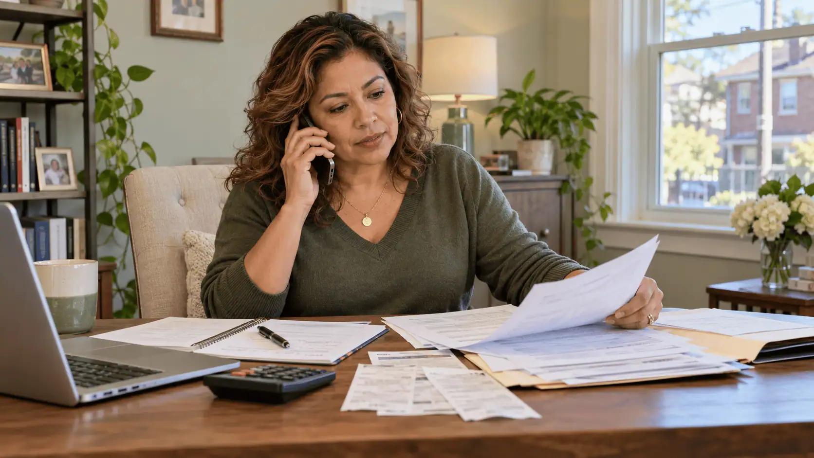 Homeowner organizing sale documents while speaking on the phone
