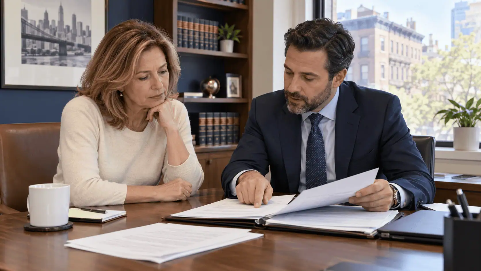Homeowner reviewing a home sale contract with an attorney