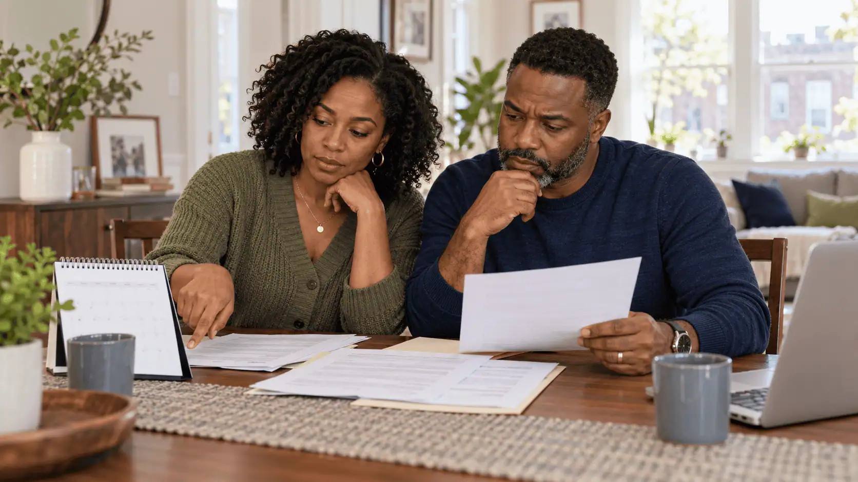 Couple reviewing home sale paperwork and a closing calendar