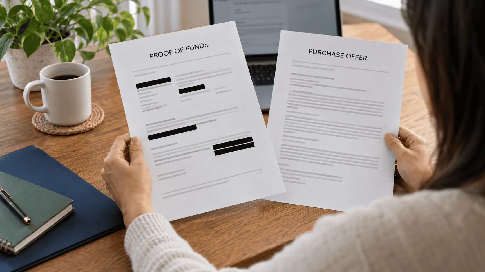 Homeowner and professional reviewing proof of funds and a cash purchase offer