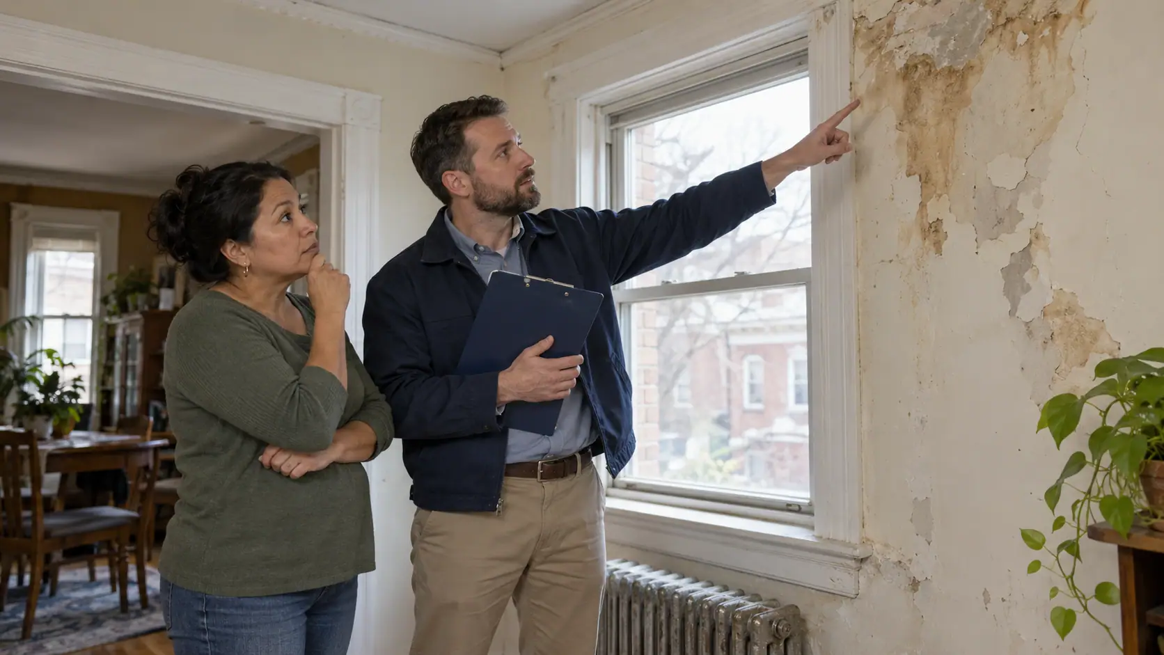 Homeowner and building professional examining peeling paint and damaged plaster near a window