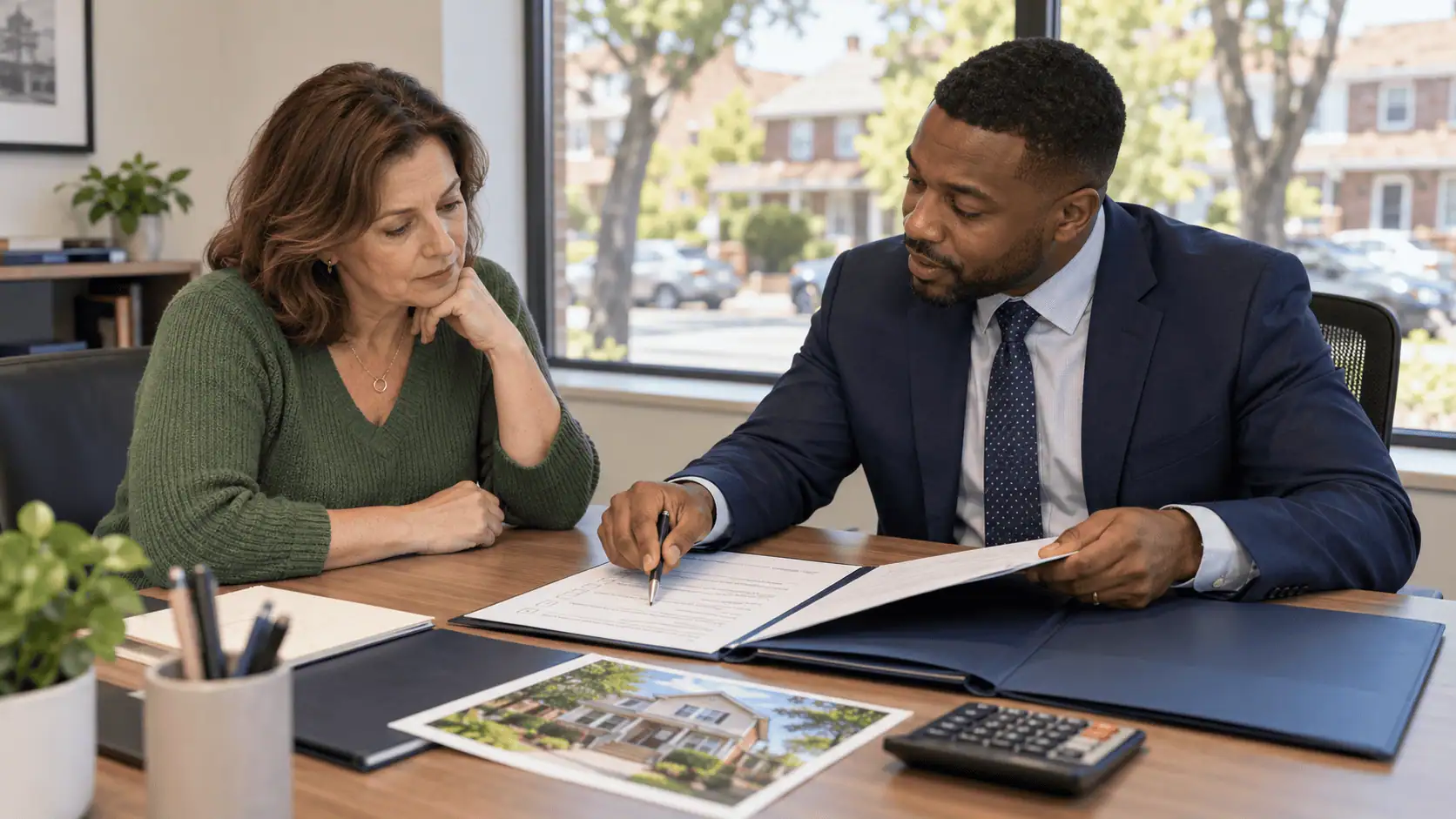 Homeowner reviewing property paperwork and a closing checklist with a real estate professional