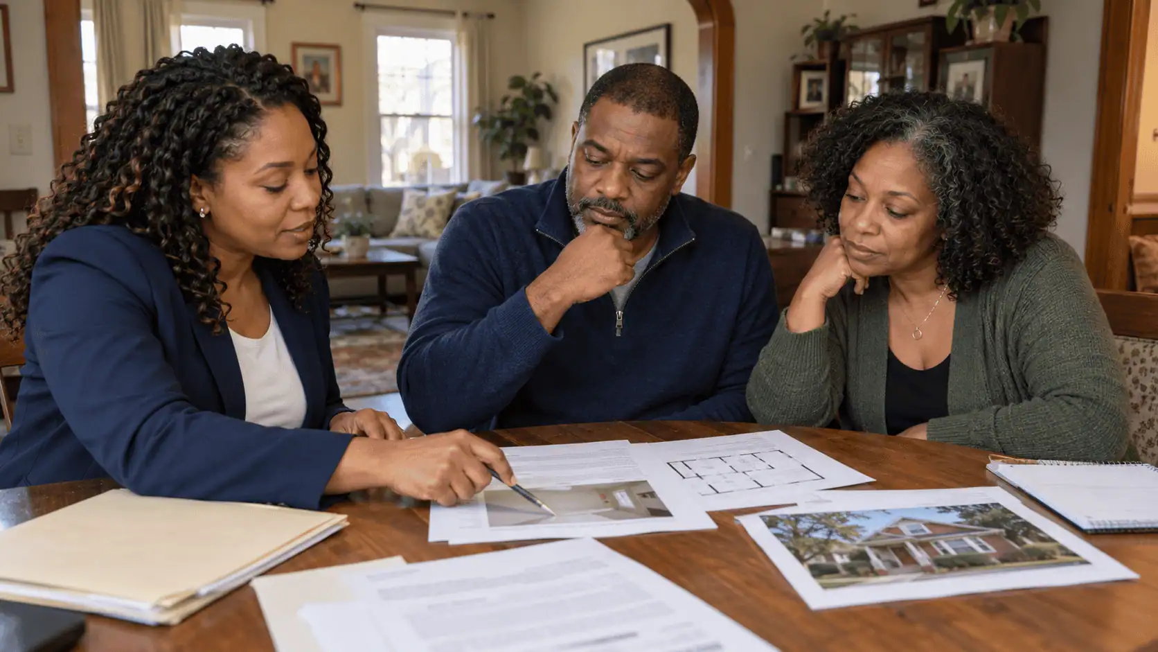 Homeowners reviewing property documents and a floor plan with a real estate professional