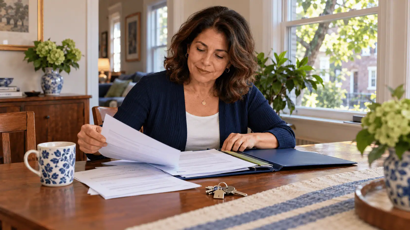 Homeowner organizing property documents beside house keys