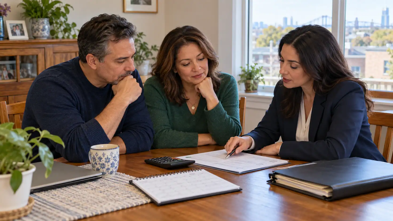 Couple reviewing home sale paperwork and a calendar with a professional