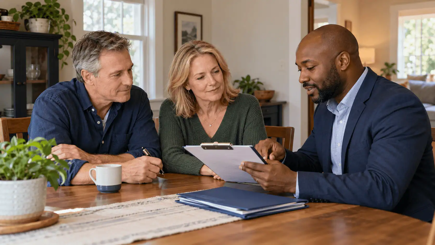 Homeowners reviewing a closing checklist with a professional before selling their house