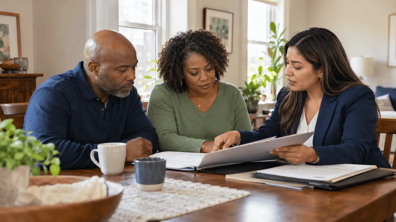 Homeowners reviewing mortgage and foreclosure paperwork with a professional