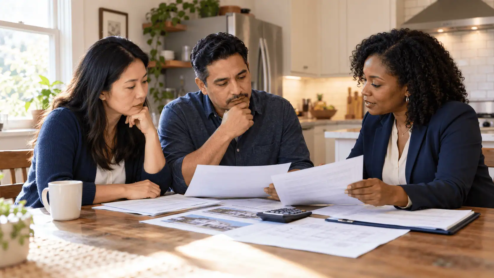 Homeowners comparing foundation repair estimates and home sale offers with a property professional