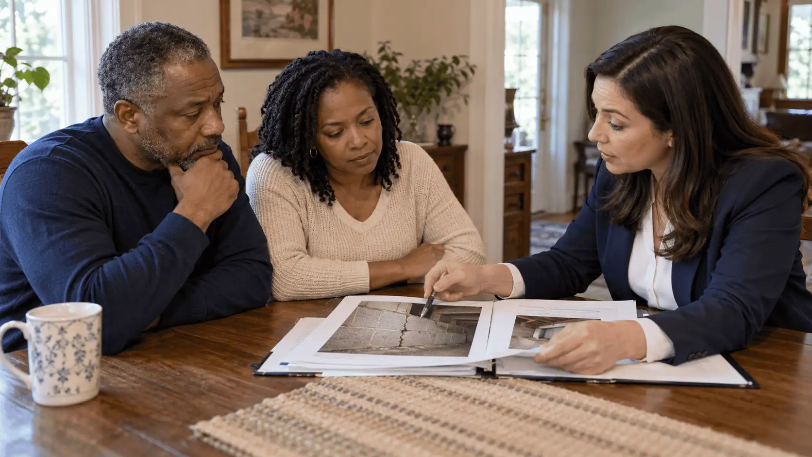 Homeowner and building professional examining a crack in a basement foundation wall
