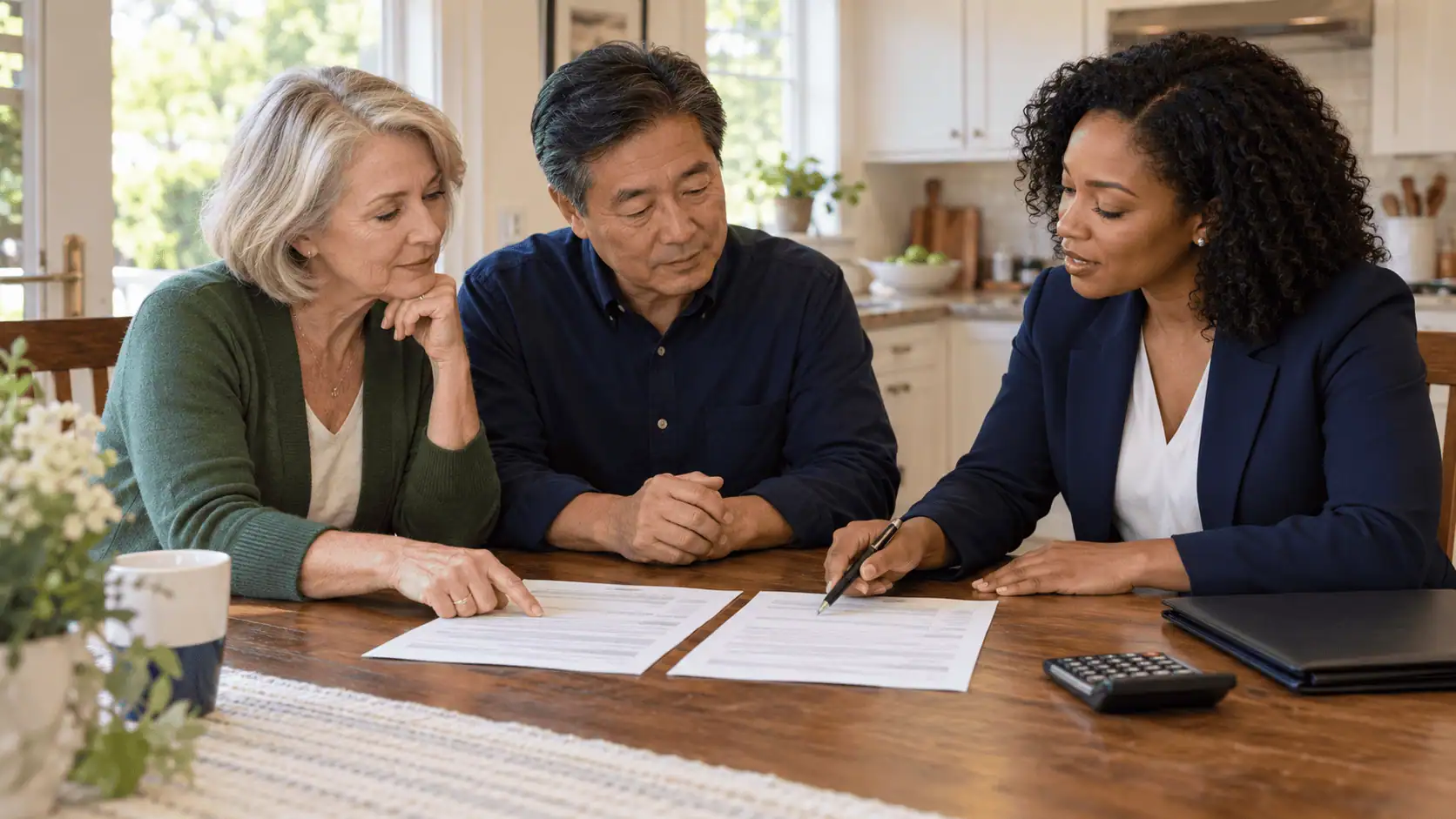 Homeowners comparing two home sale offer worksheets with a professional