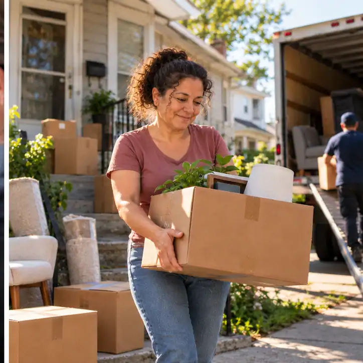 Happy homeowner carrying moving boxes outside her Queens house with a moving truck parked nearby
