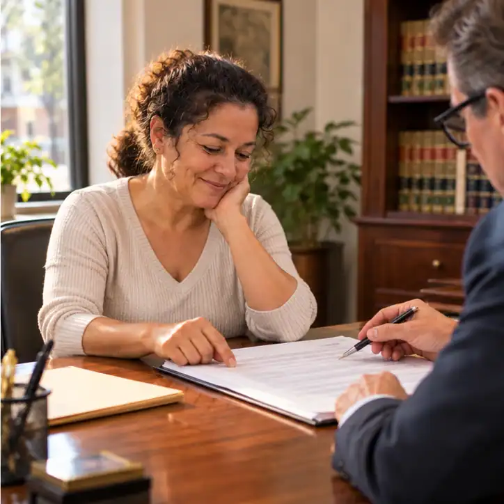 Homeowner reviewing a written cash offer for her house with a real estate attorney in a New York office