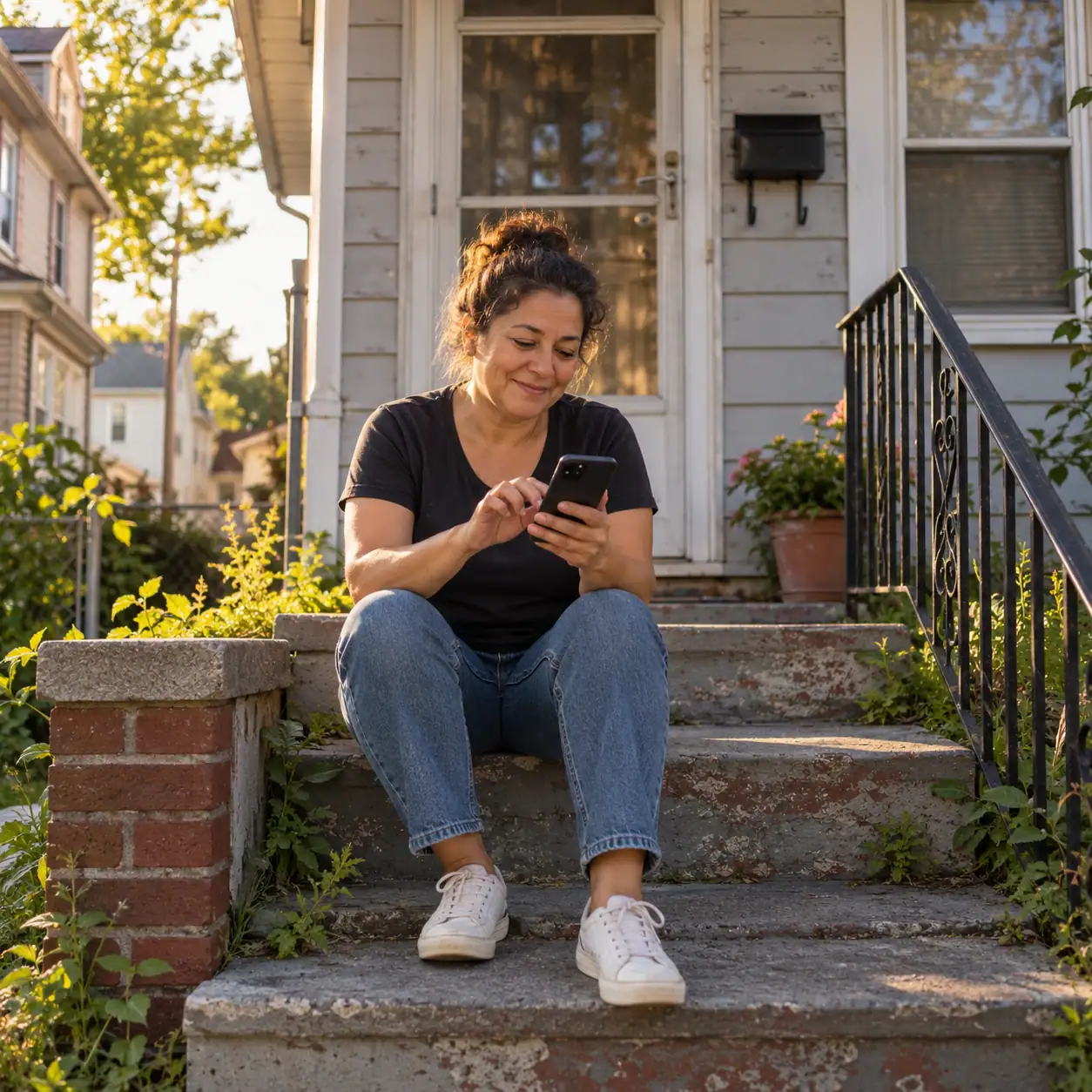 Homeowner sitting on the front steps of her Queens house using a smartphone to share property details