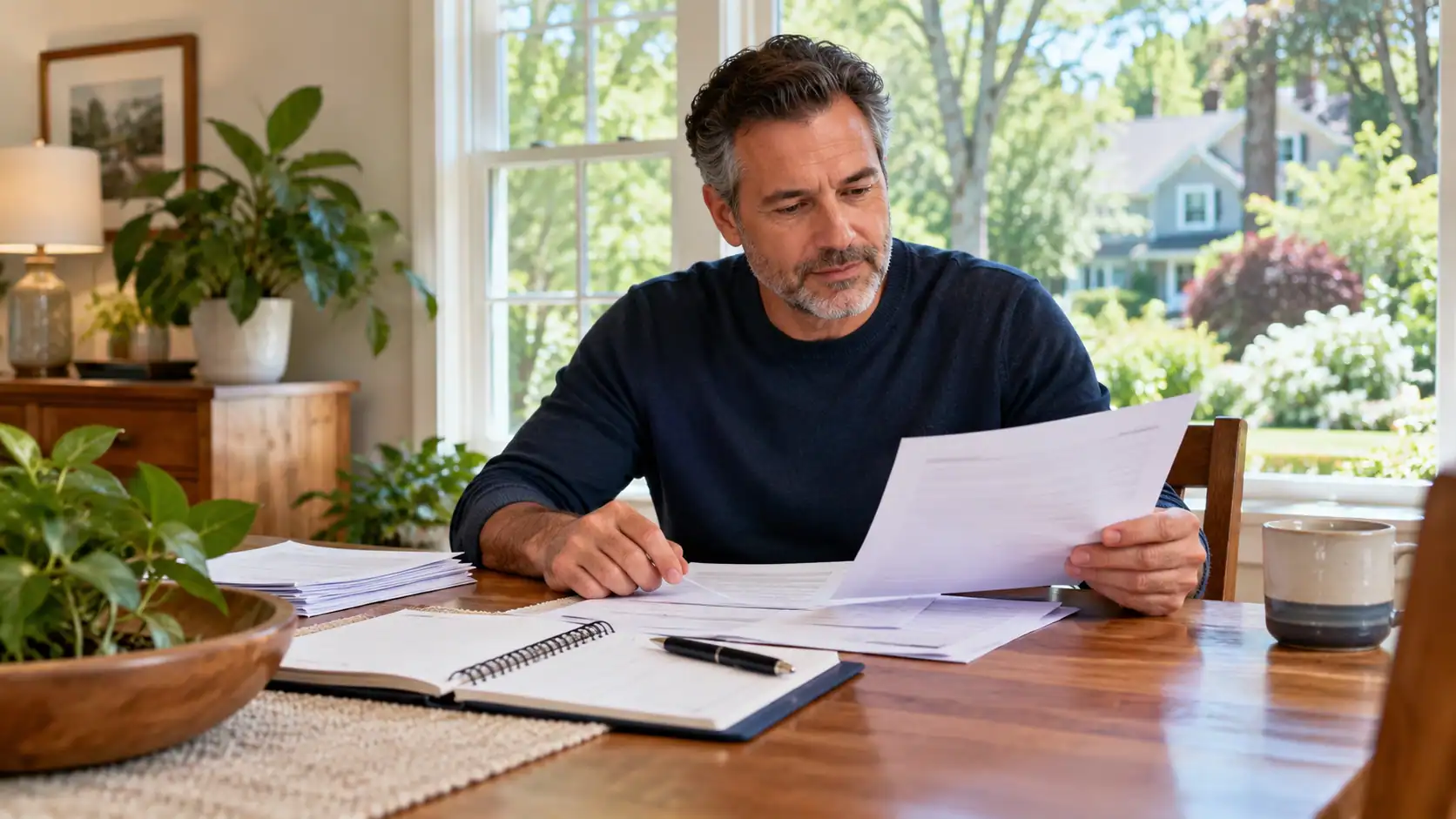 Homeowner reviewing house sale documents and a planner