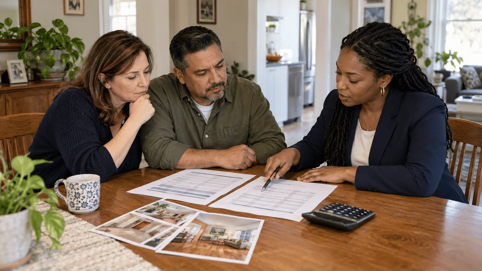 Homeowners comparing repair estimates and selling options with a professional
