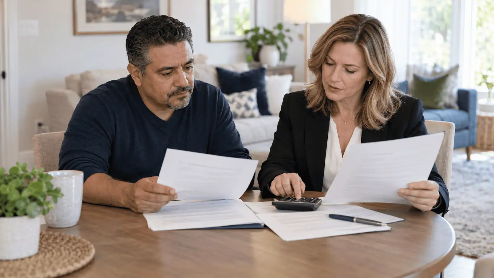 Homeowner and professional comparing mortgage payoff documents with a seller net sheet