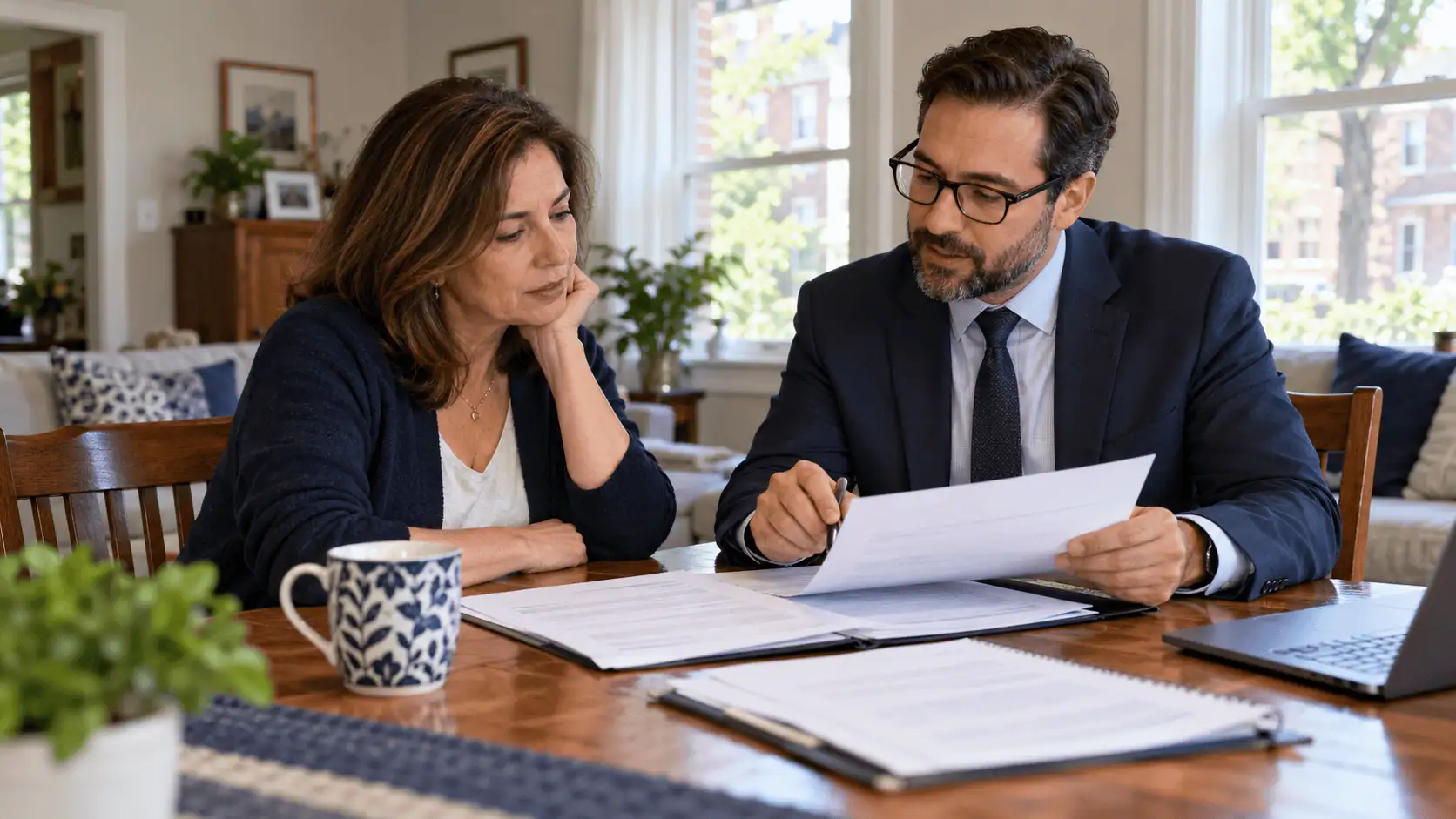 Woman and professional reviewing estate and property documents