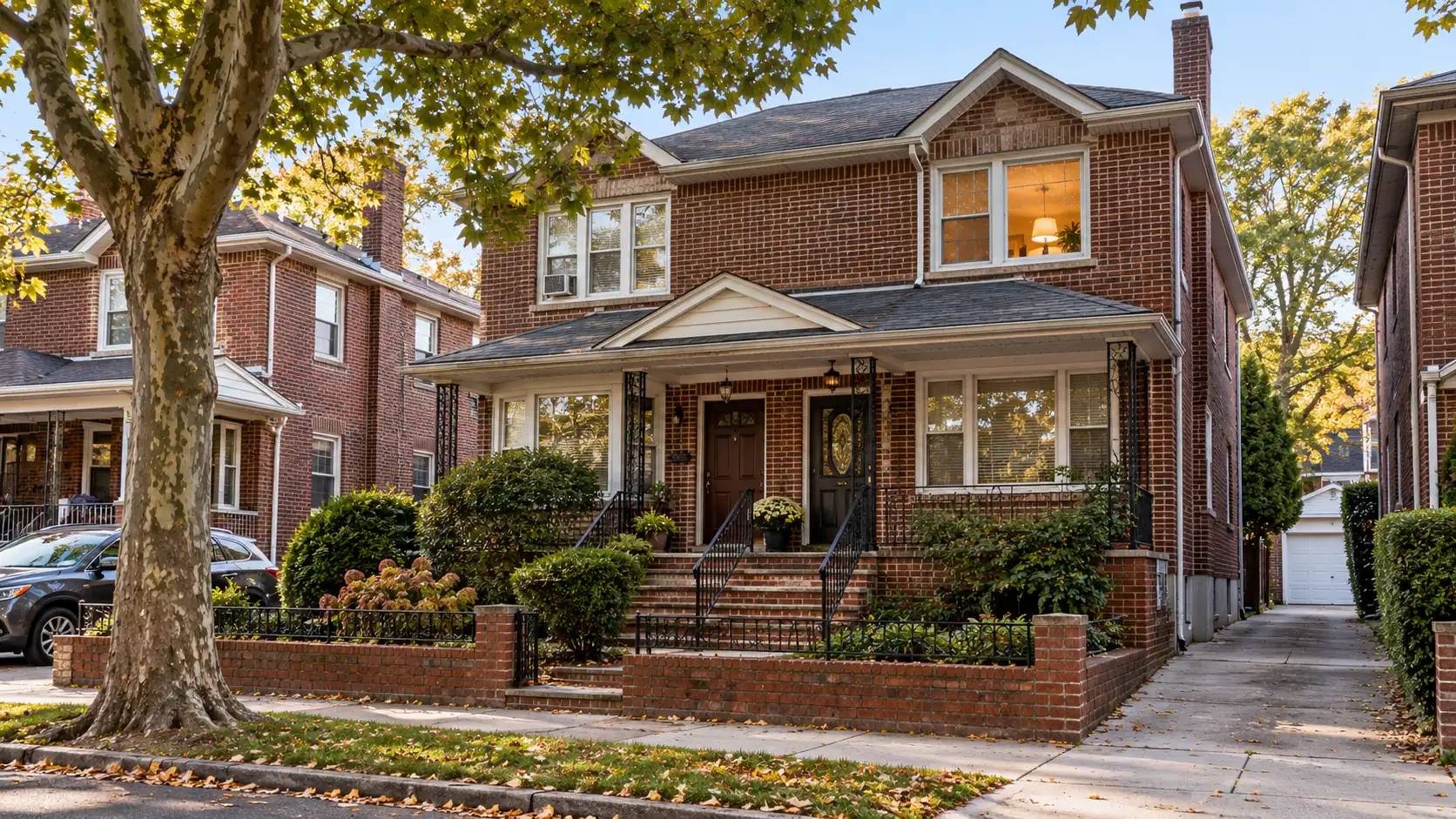 Brick two-family house on a tree-lined Queens street with a light on upstairs