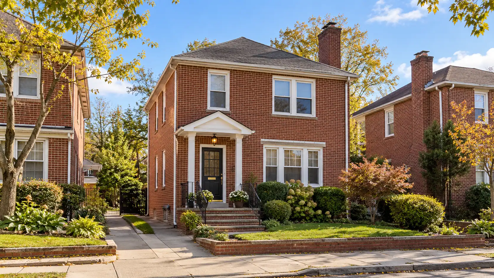 Bronx-style two-story brick house with a small front garden
