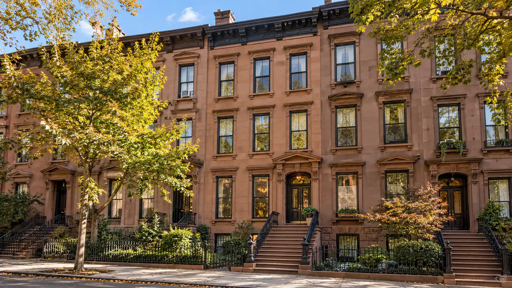 Brooklyn-style brownstone rowhouses with front stoops