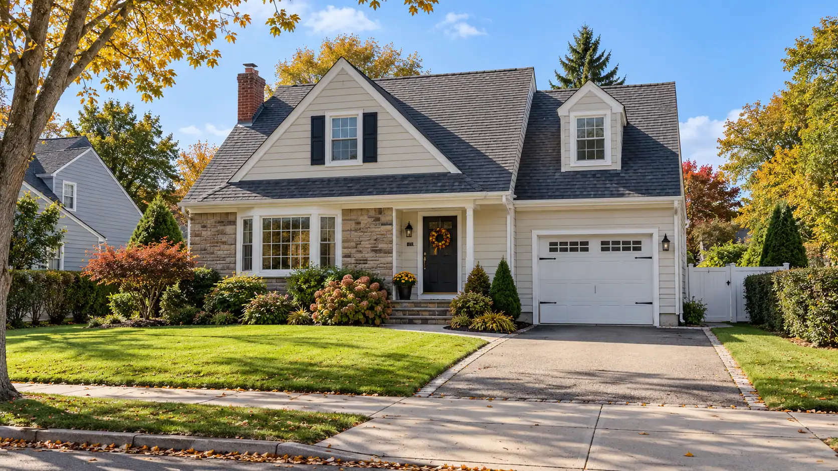 Nassau County-style suburban house with a garage and front lawn