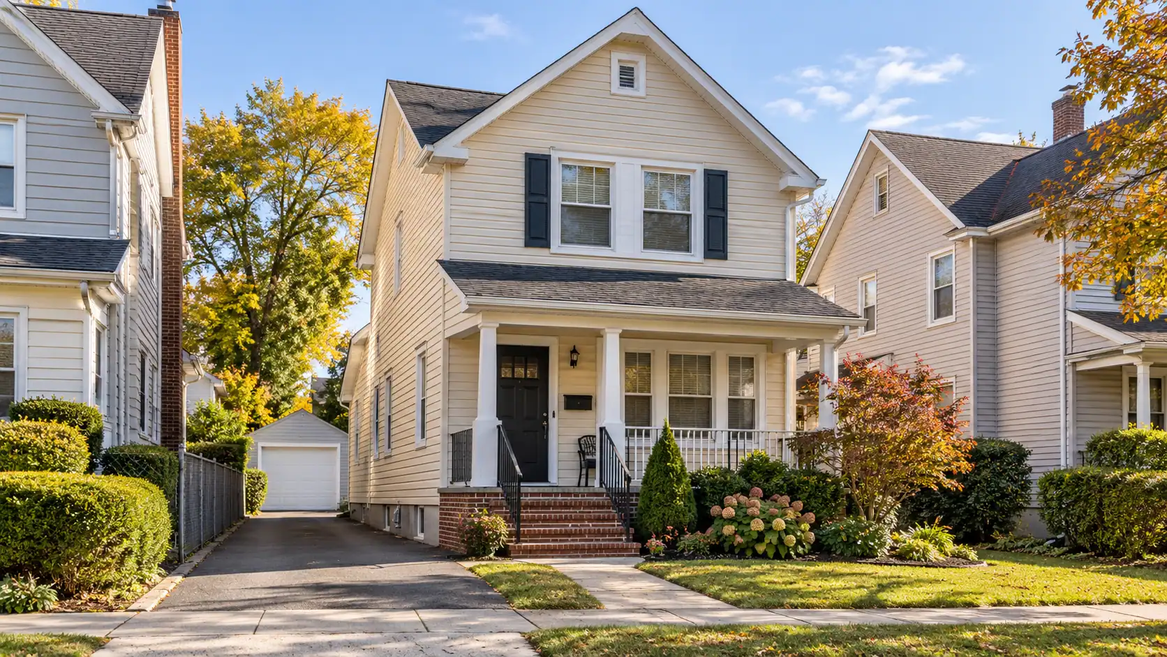 Queens-style detached house with a front porch and narrow driveway