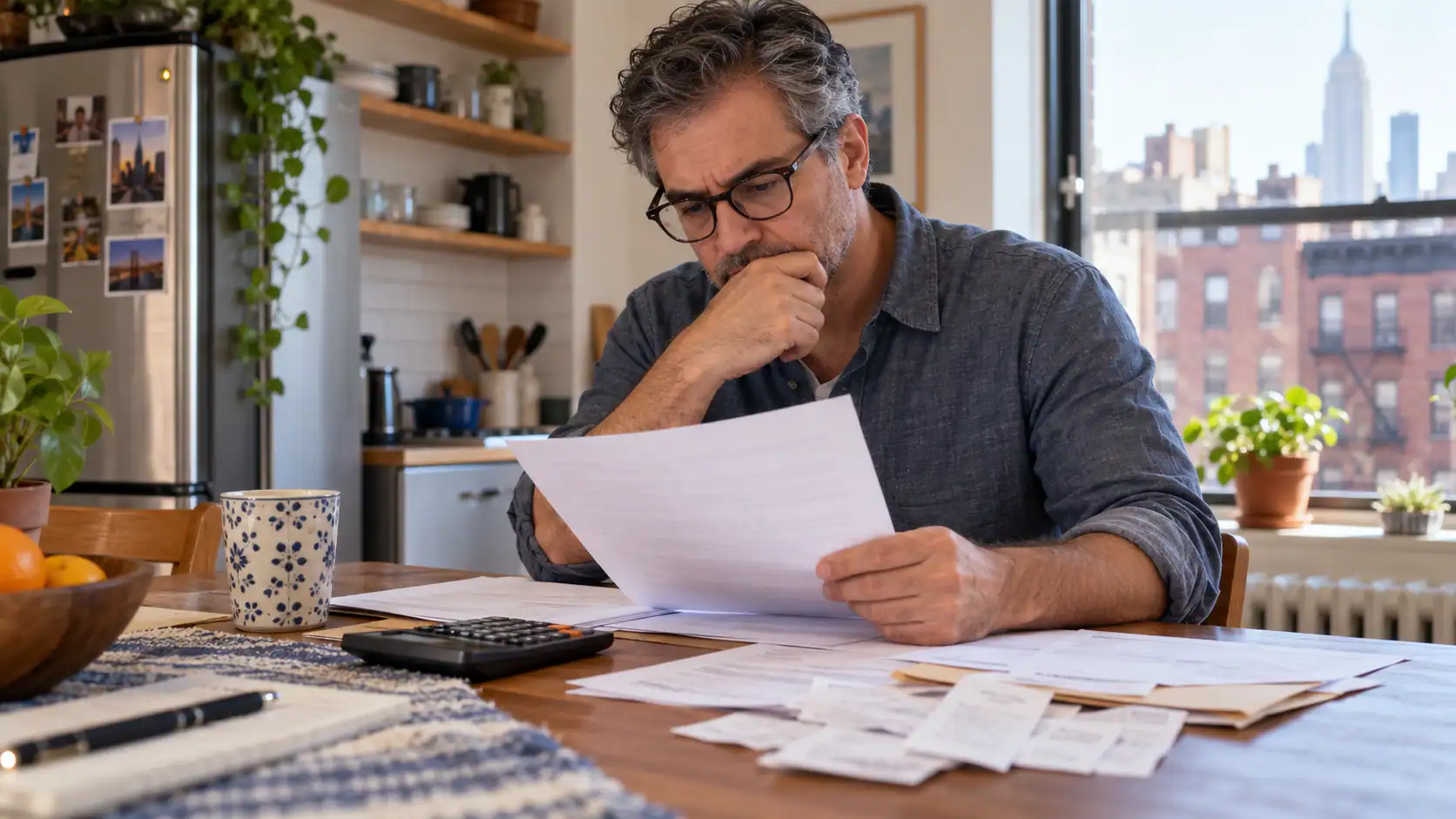 Homeowner reviewing a residential lease and rent records at a kitchen table