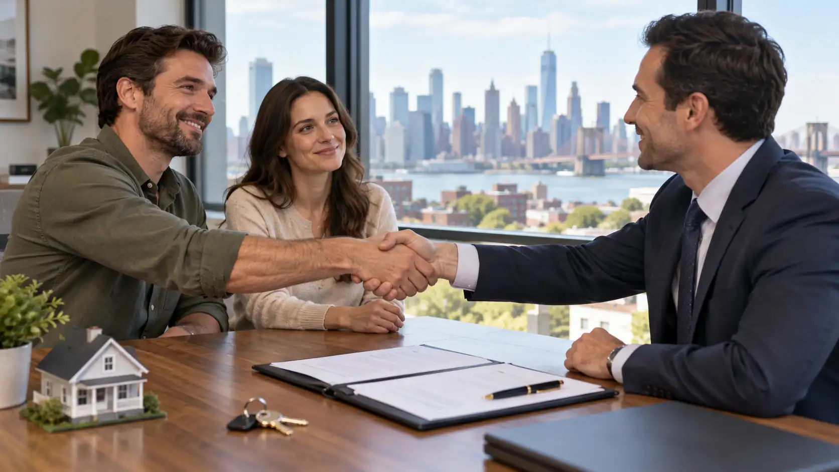 Seller and buyer at a closing table with house keys and a folder of leases
