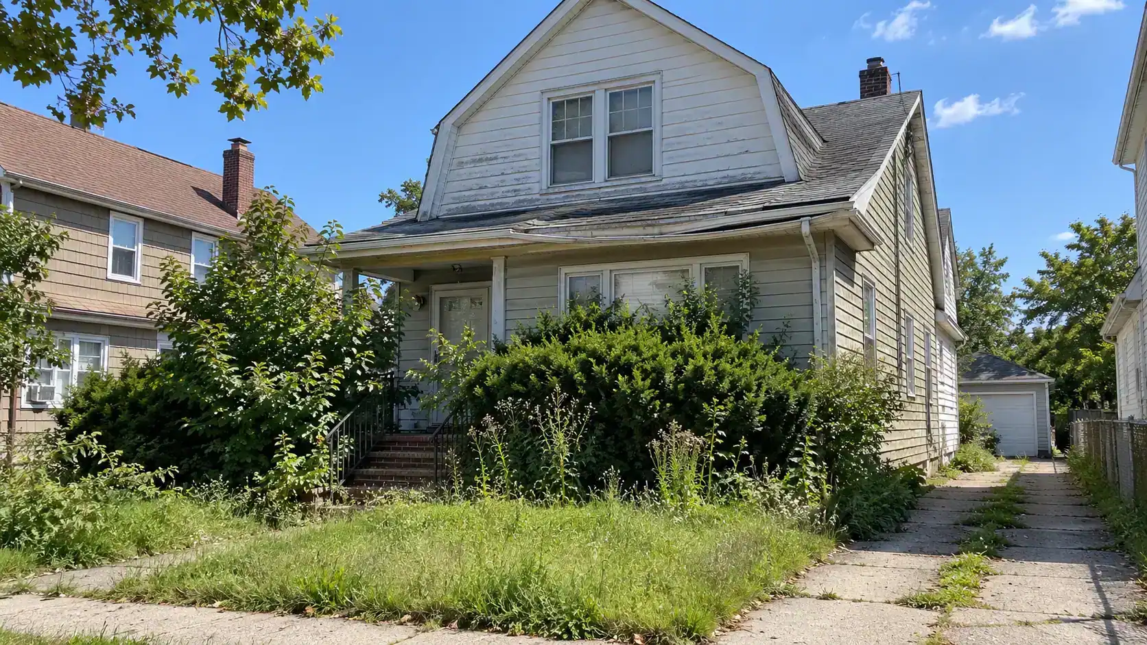 Older New York house with weathered siding and an overgrown yard, needing repairs
